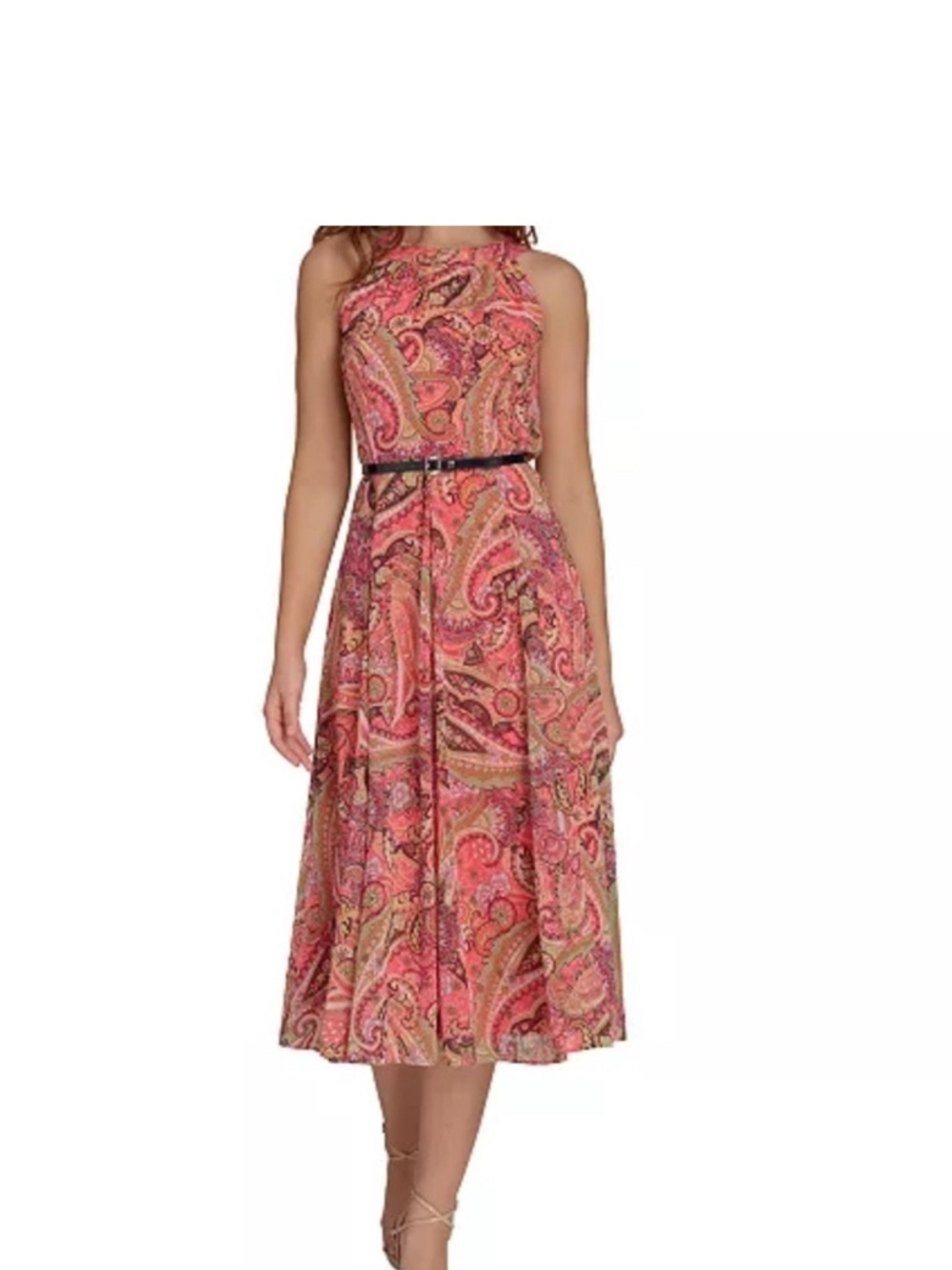 Tommy Hilfiger Pink Paisley Sleeveless Midi Dress with Belt